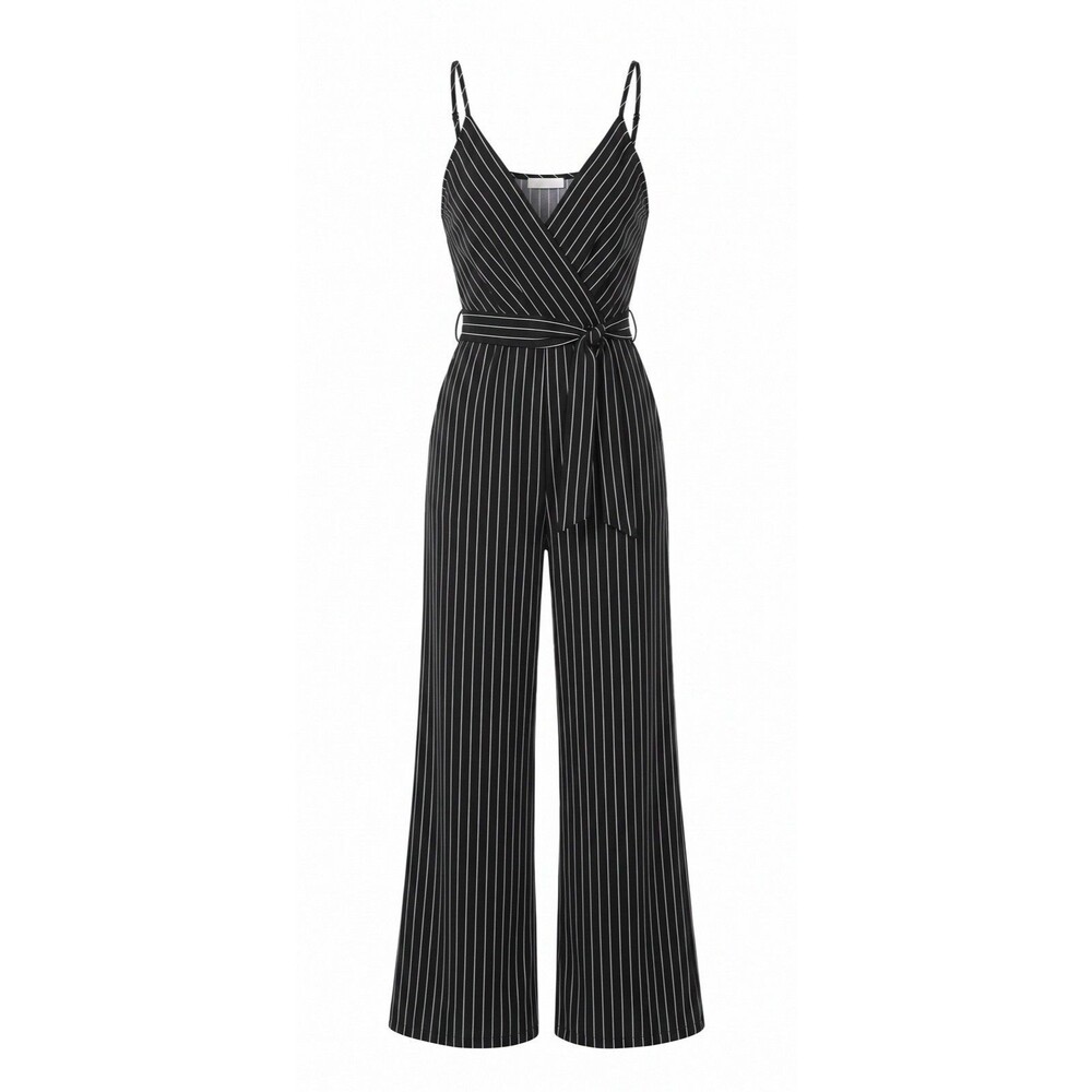 Kaileigh Black Pinstriped Jumpsuit Women's Size L Spaghetti Straps Low Back